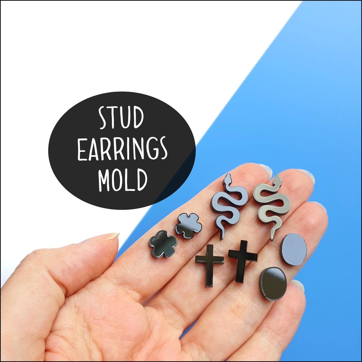 Silicone stud earrings jewelry mold for resin and epoxy 4 designs in 1 "Snake, flower, oval, cross"