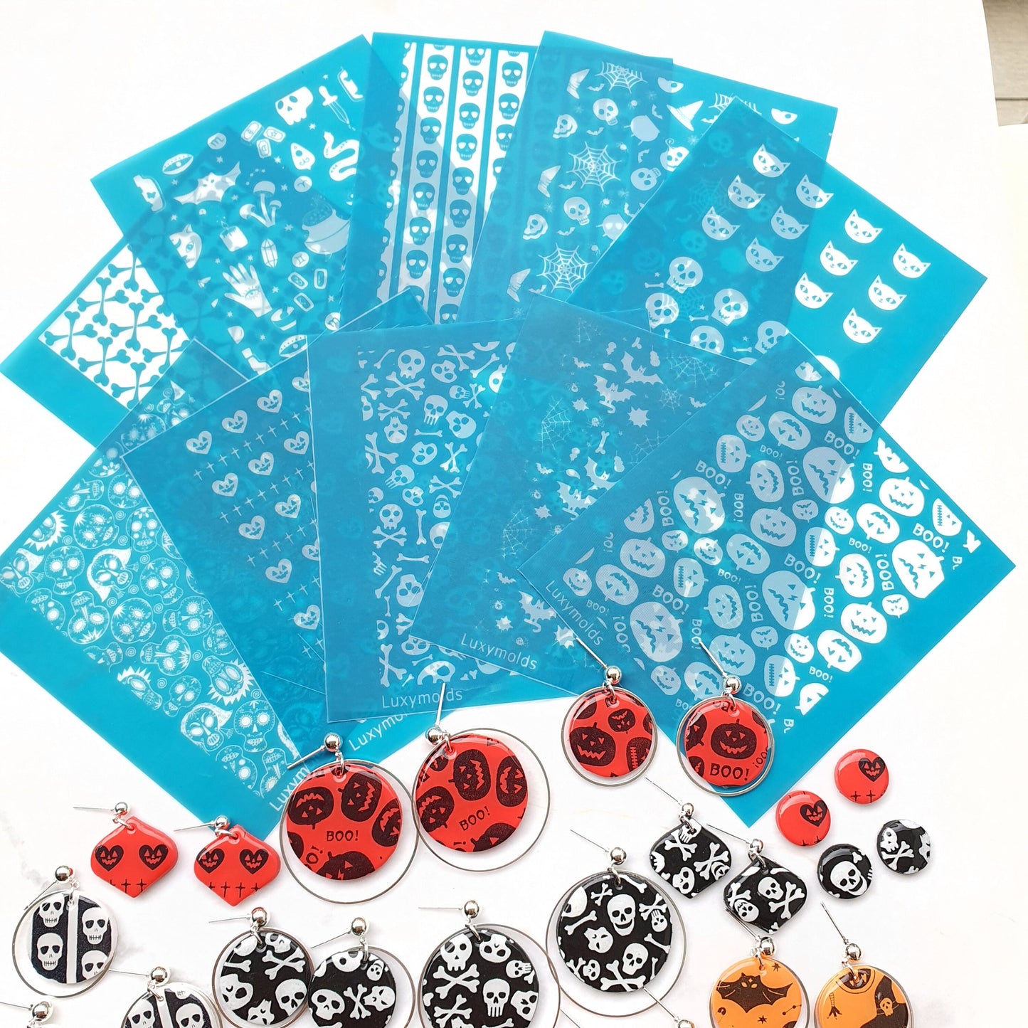 10 pcs set Silk screens stencils for polymer clay "Luxymolds" for Halloween earrings