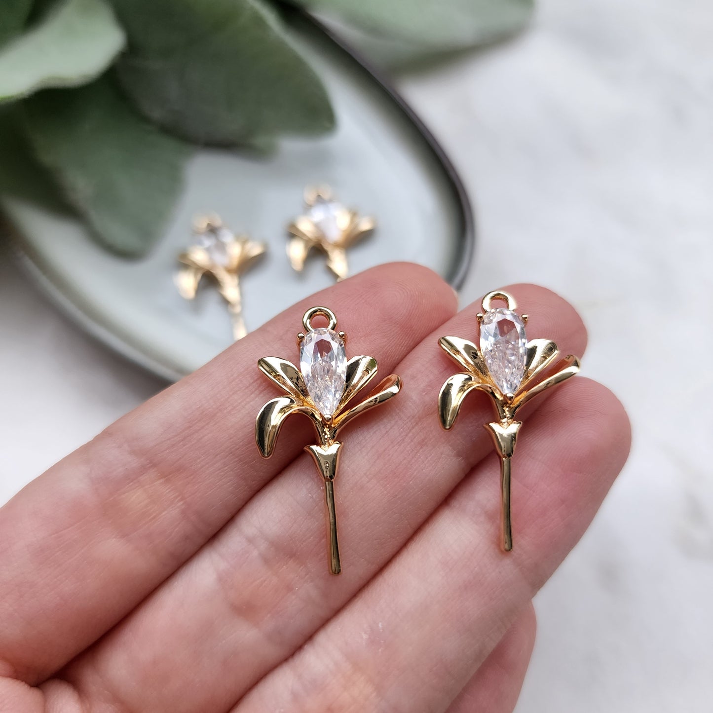 2 pcs Zircon charms pendants Crystal connectors Earrings components findings DIY Rhinestone Jewelry supplies Earrings gold plated "Flowers"