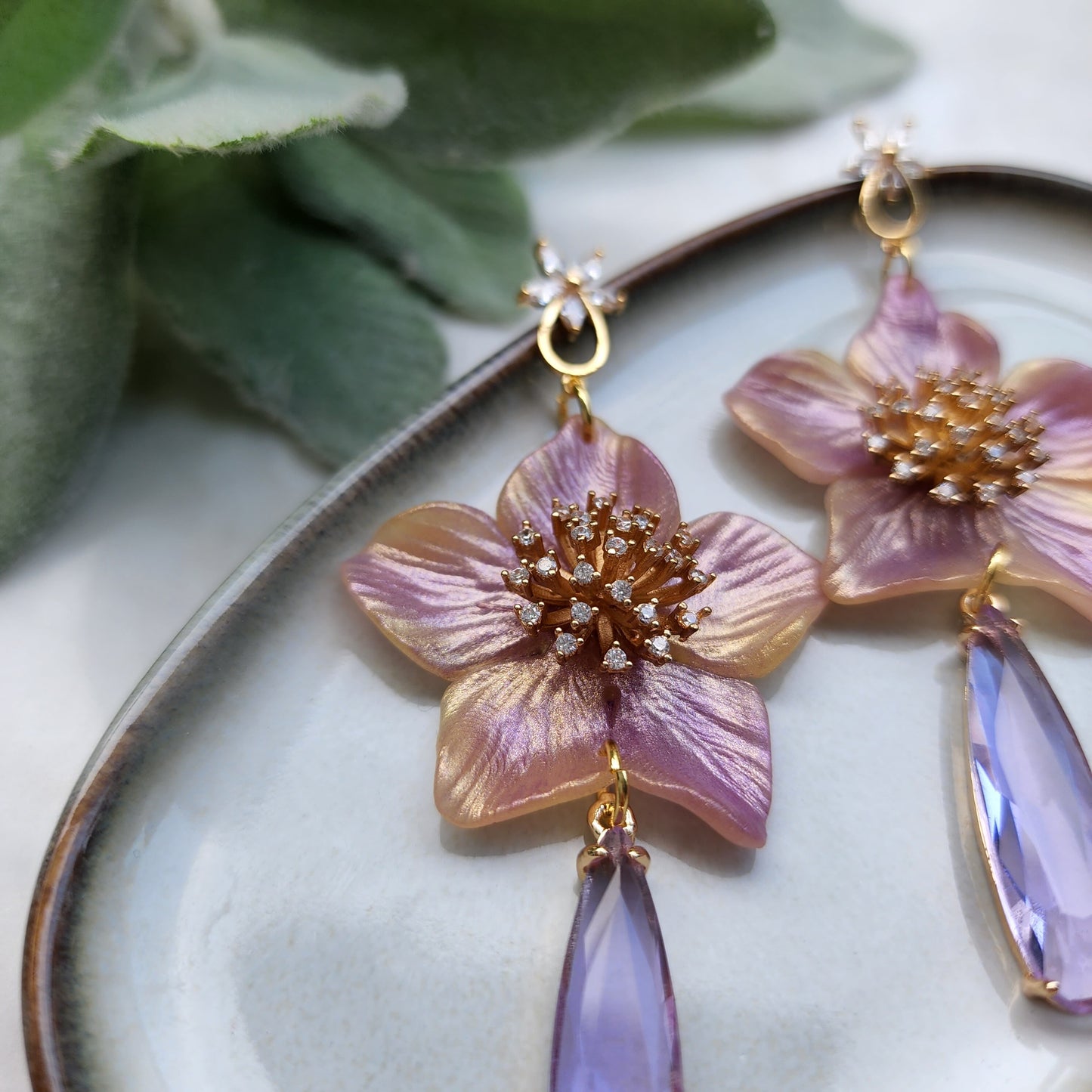 Polymer clay earrings / Flower earrings / Purple Ametrine earrings / Crystal earrings / Gold filled Cubic Zircon earrings / Floral earrings