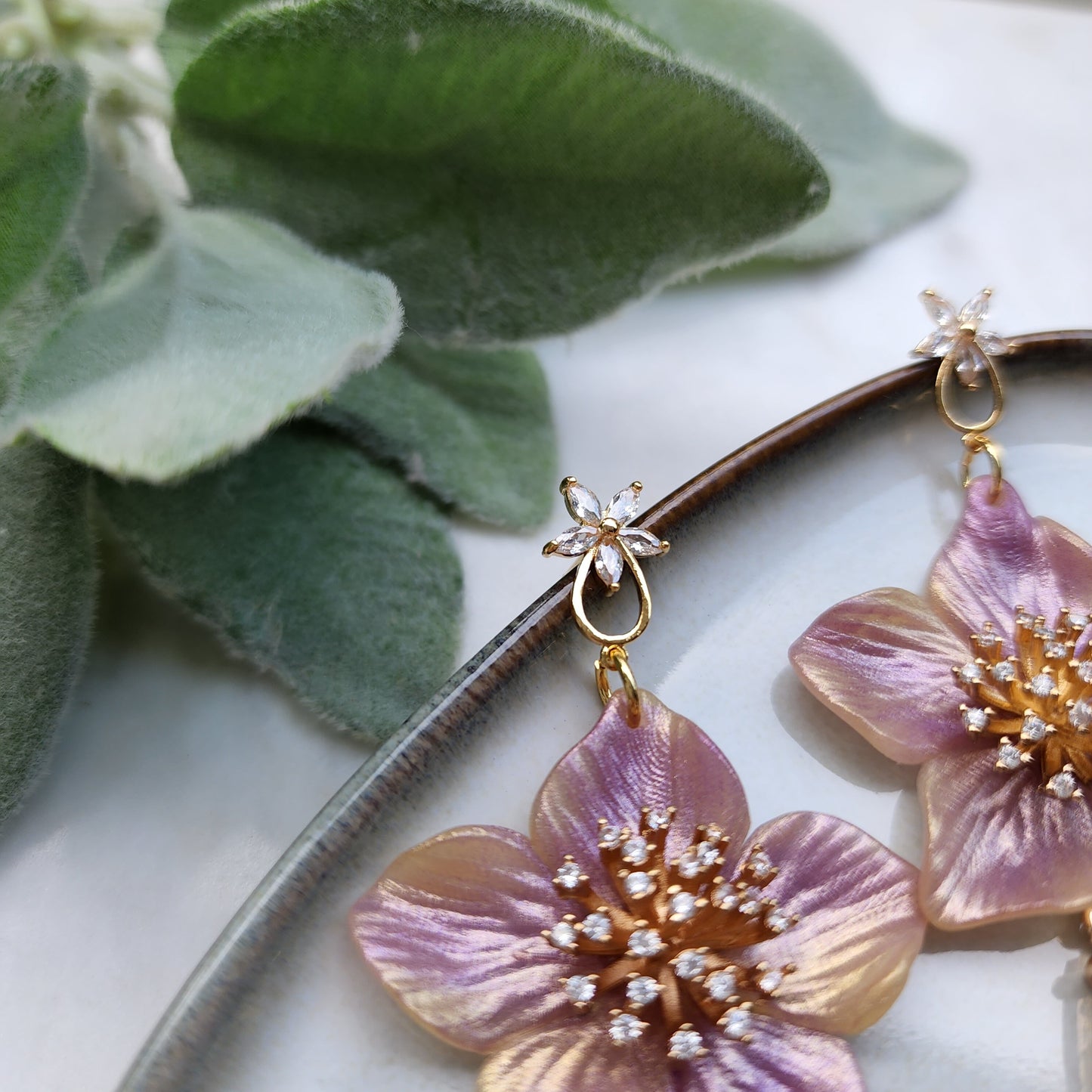 Polymer clay earrings / Flower earrings / Purple Ametrine earrings / Crystal earrings / Gold filled Cubic Zircon earrings / Floral earrings