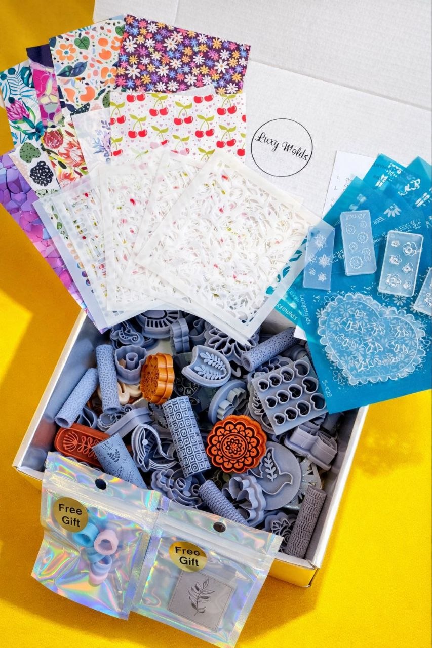 100 pcs Polymer Clay Supplies Bundle – 60 Cutters, 8 Rollers, 6 Silicone Molds, 11 Silk Screens, 10 Transfer Papers, 5 Stencils – 72% OFF Clearance Set