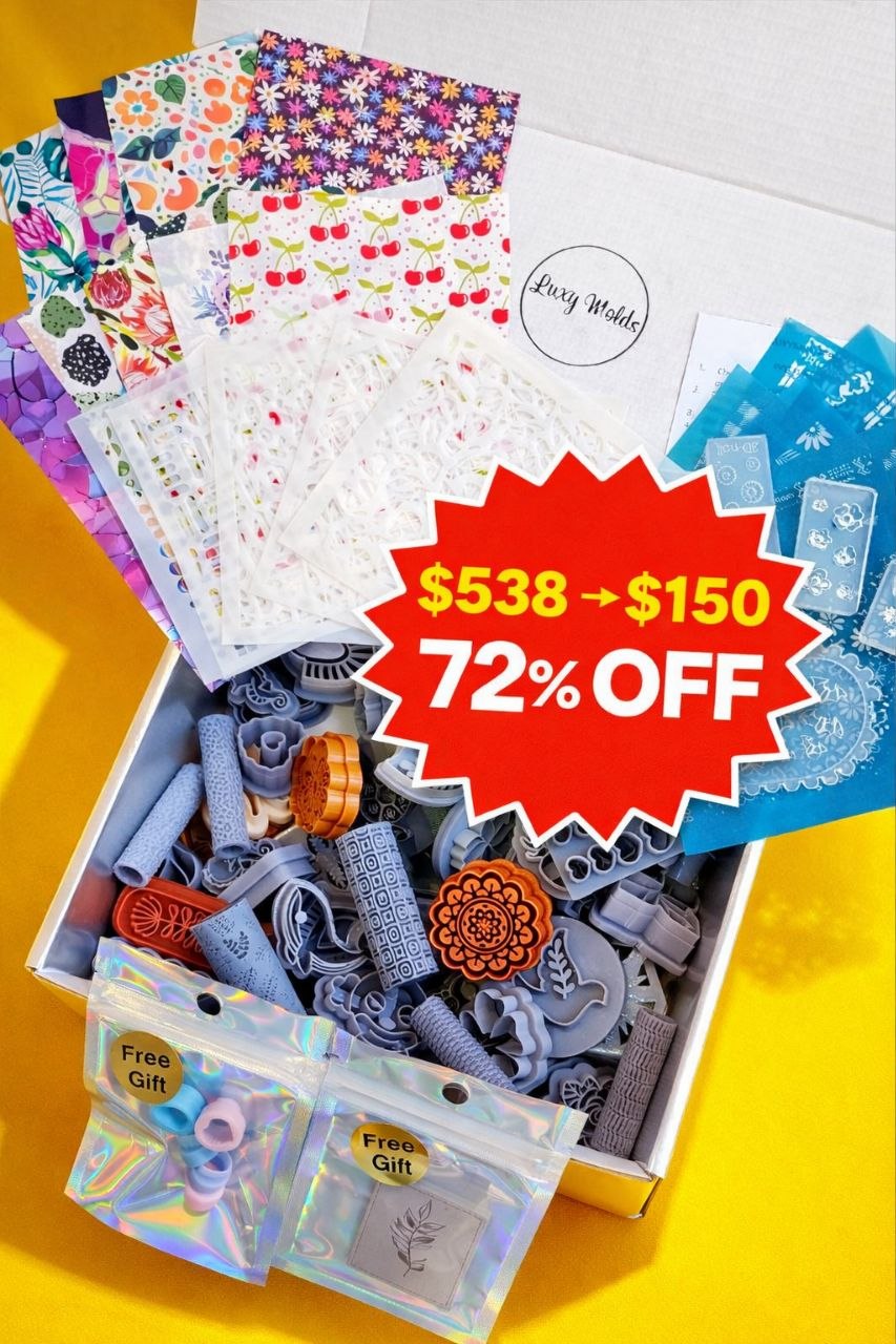100 pcs Polymer Clay Supplies Bundle – 60 Cutters, 8 Rollers, 6 Silicone Molds, 11 Silk Screens, 10 Transfer Papers, 5 Stencils – 72% OFF Clearance Set