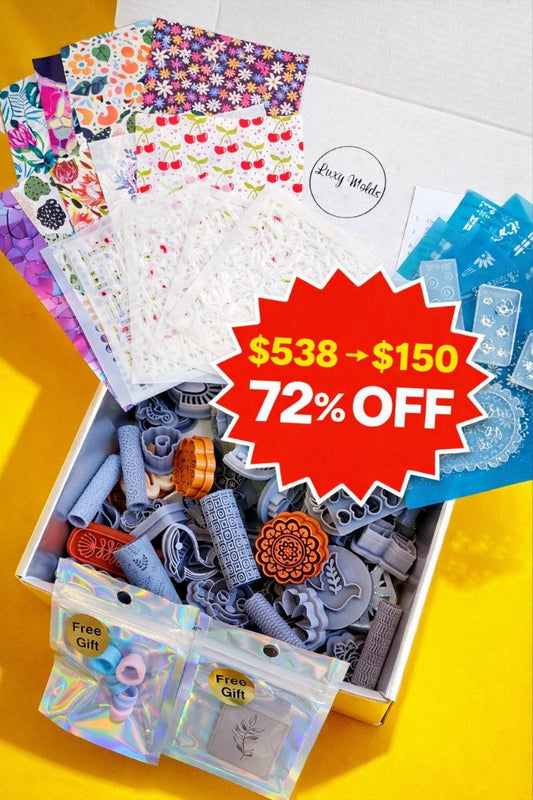 100 pcs Polymer Clay Supplies Bundle – 60 Cutters, 8 Rollers, 6 Silicone Molds, 11 Silk Screens, 10 Transfer Papers, 5 Stencils – 72% OFF Clearance Set