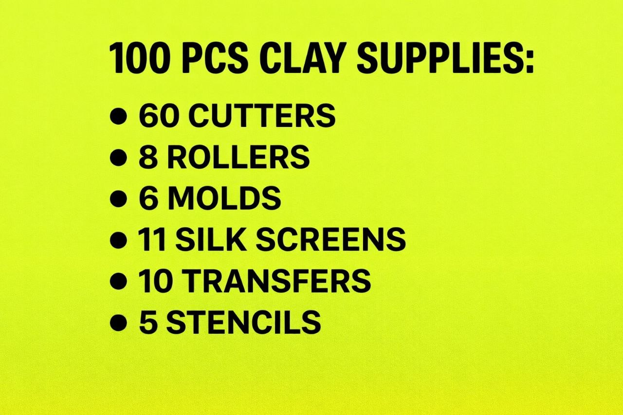 100 pcs Polymer Clay Supplies Bundle – 60 Cutters, 8 Rollers, 6 Silicone Molds, 11 Silk Screens, 10 Transfer Papers, 5 Stencils – 72% OFF Clearance Set