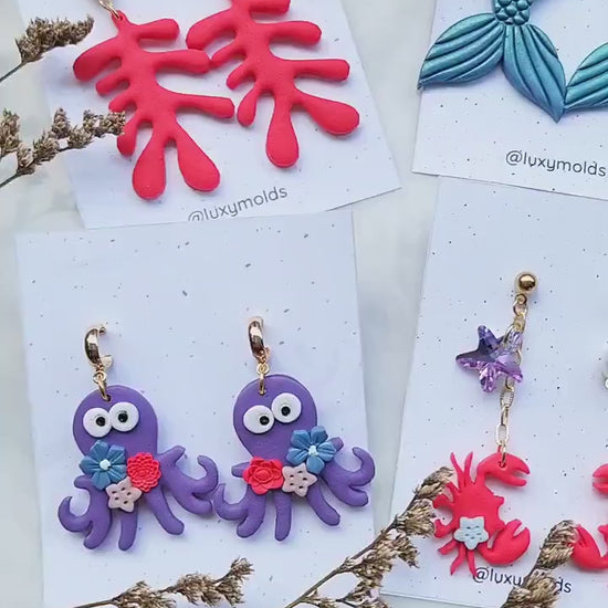 Polymer clay earrings / Summer earrings /Octopus earrings / Coral earrings / Crab earrings / Fin earrings / Wood resin earrings/Red earrings
