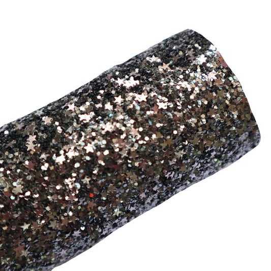 BLACK&SILVER CHUNKY STARS GLITTER FABRIC (FAUX LEATHER) 1 PCS - Luxy Kraft