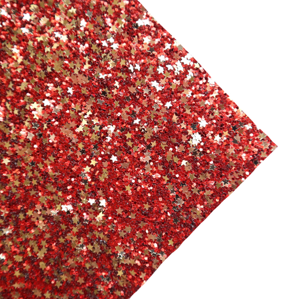 RED CHUNKY STARS GLITTER FABRIC (FAUX LEATHER) 1 PCS - Luxy Kraft