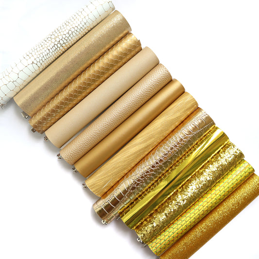 Gold colors Synthetic leather faux leather fabric 20x22 cm 12 pcs set - Luxy Kraft