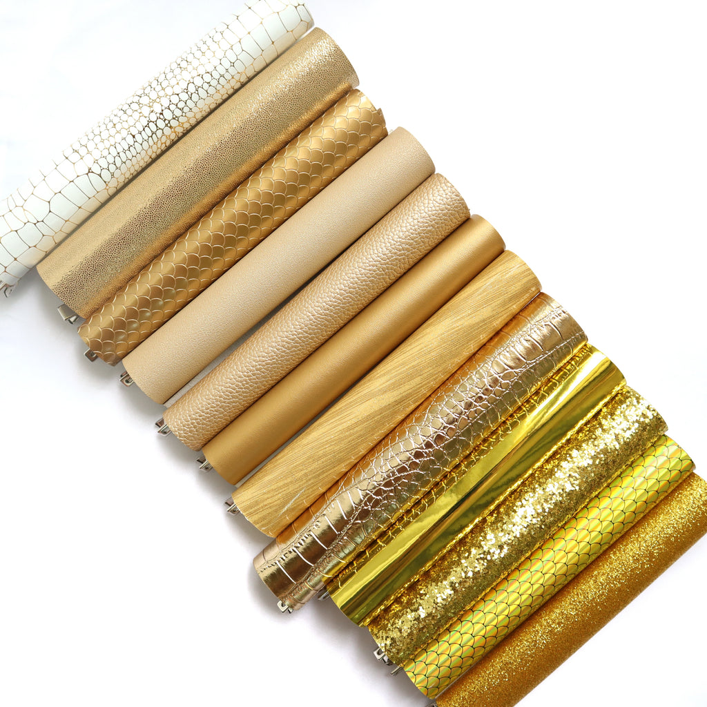 Gold colors Synthetic leather faux leather fabric 20x22 cm 12 pcs set - Luxy Kraft