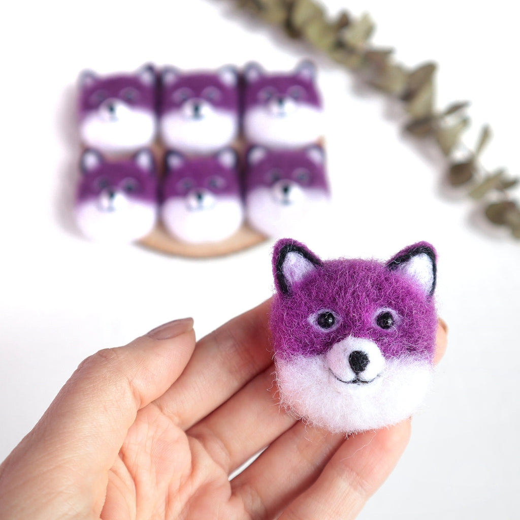 100% Wool needle felt Purple Dog Fox Forest Animals 3.7 cm - Luxy Kraft