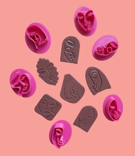 6 pcs set Woman face Earrings Polymer clay 3D Geometry Jewelry shapes stamp embossing - Luxy Kraft