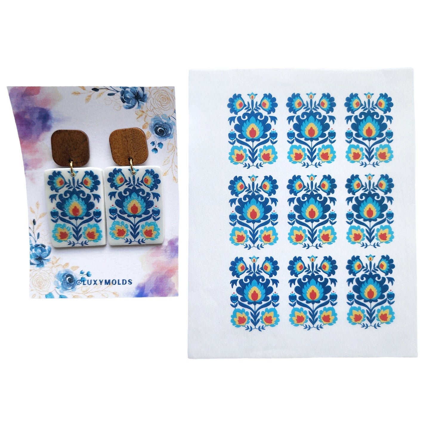 6 pcs set Water-soluble transfer paper for polymer clay craft "Floral"