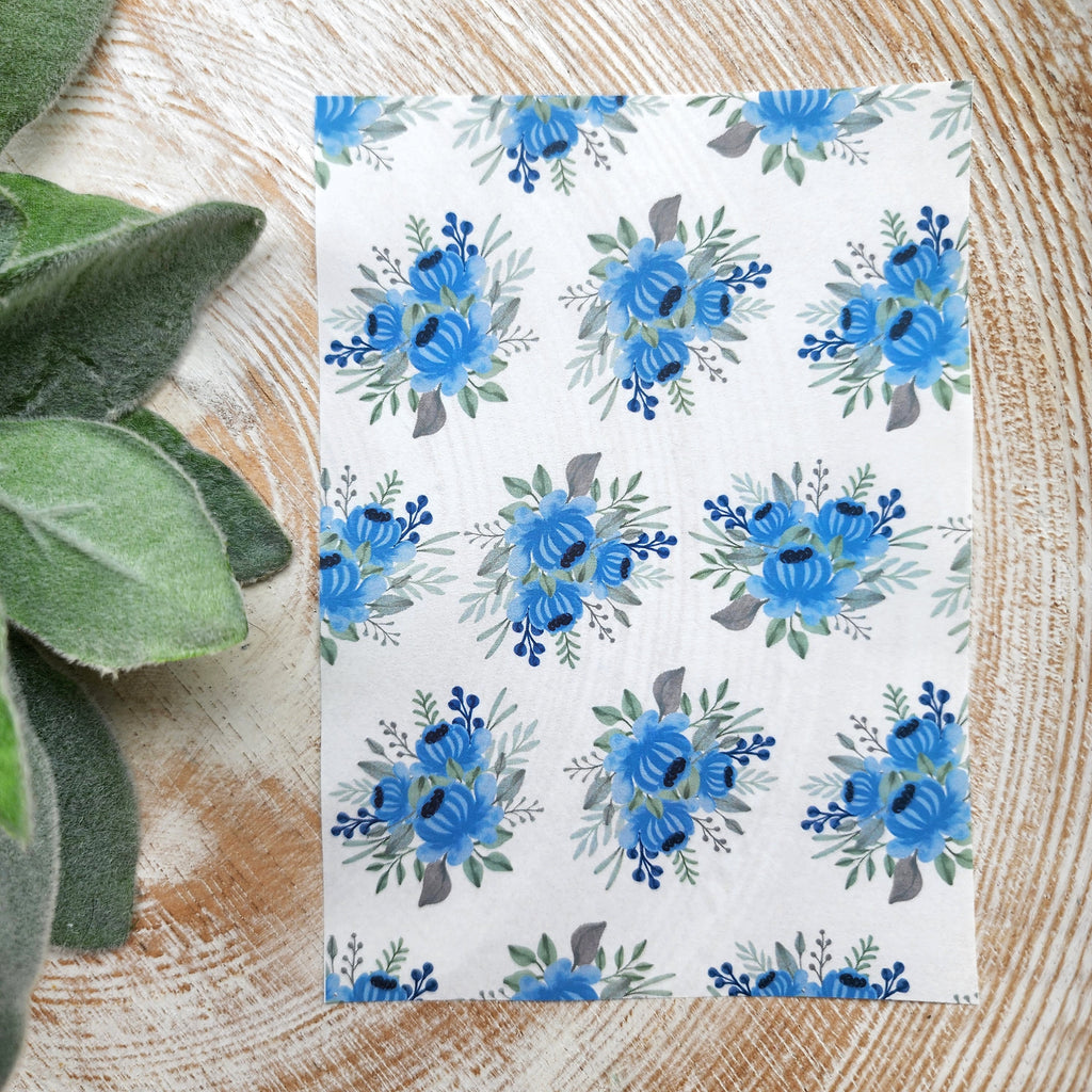 Clay transfer paper / Image transfer paper / Water soluble paper for polymer clay / Blue flowers transfer sheet / Transfer paper for clay