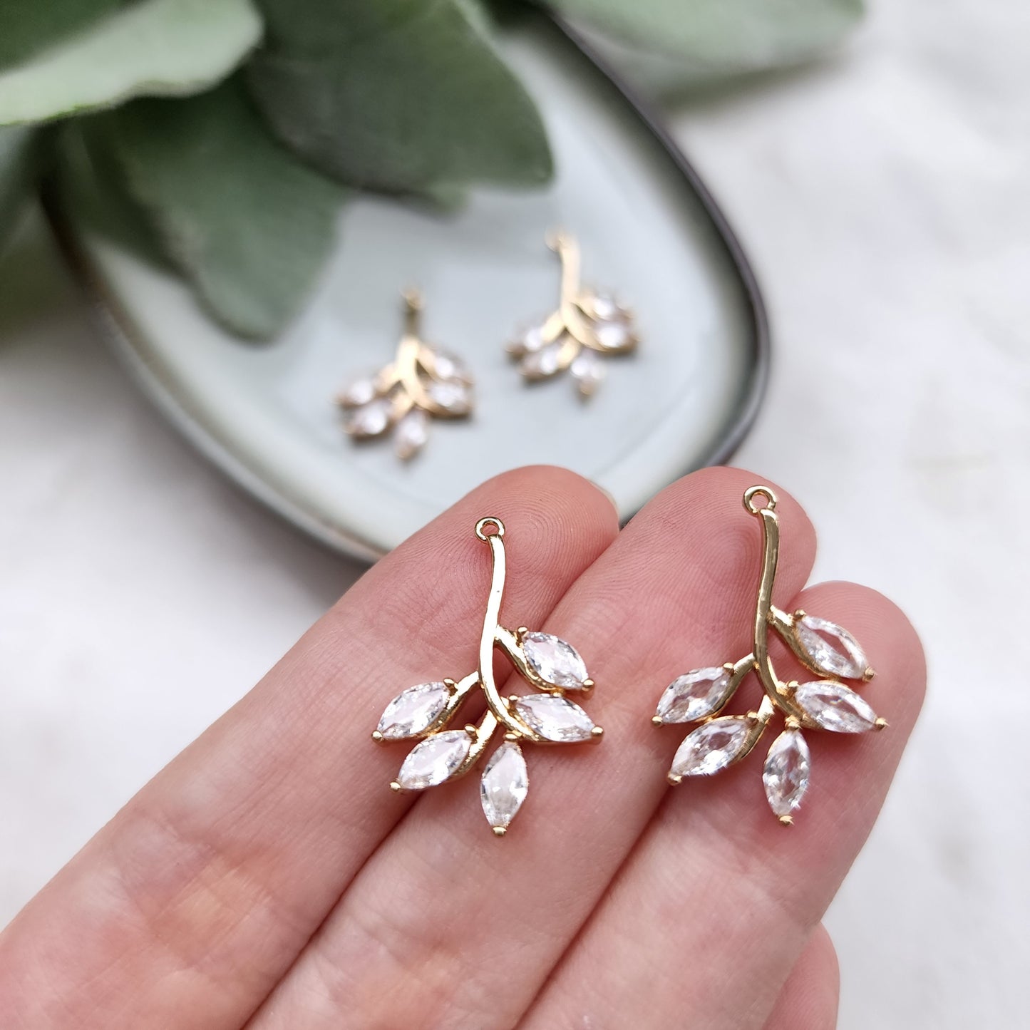 2 pcs Zircon charms pendants "Leaf" Crystal connectors Earrings component findings DIY Rhinestone Jewelry supplies Earrings gold plated part