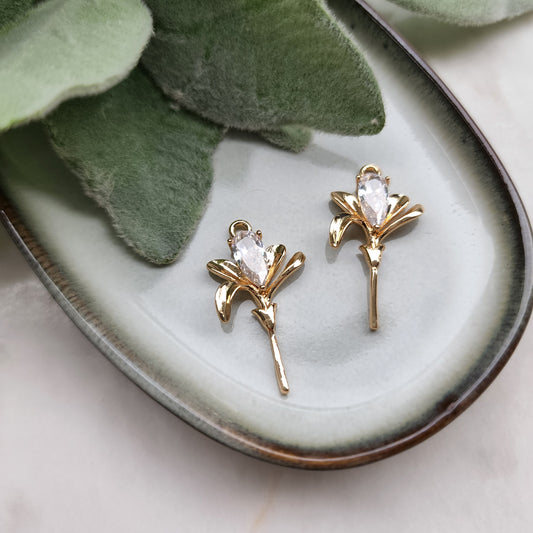 2 pcs Zircon charms pendants Crystal connectors Earrings components findings DIY Rhinestone Jewelry supplies Earrings gold plated "Flowers"