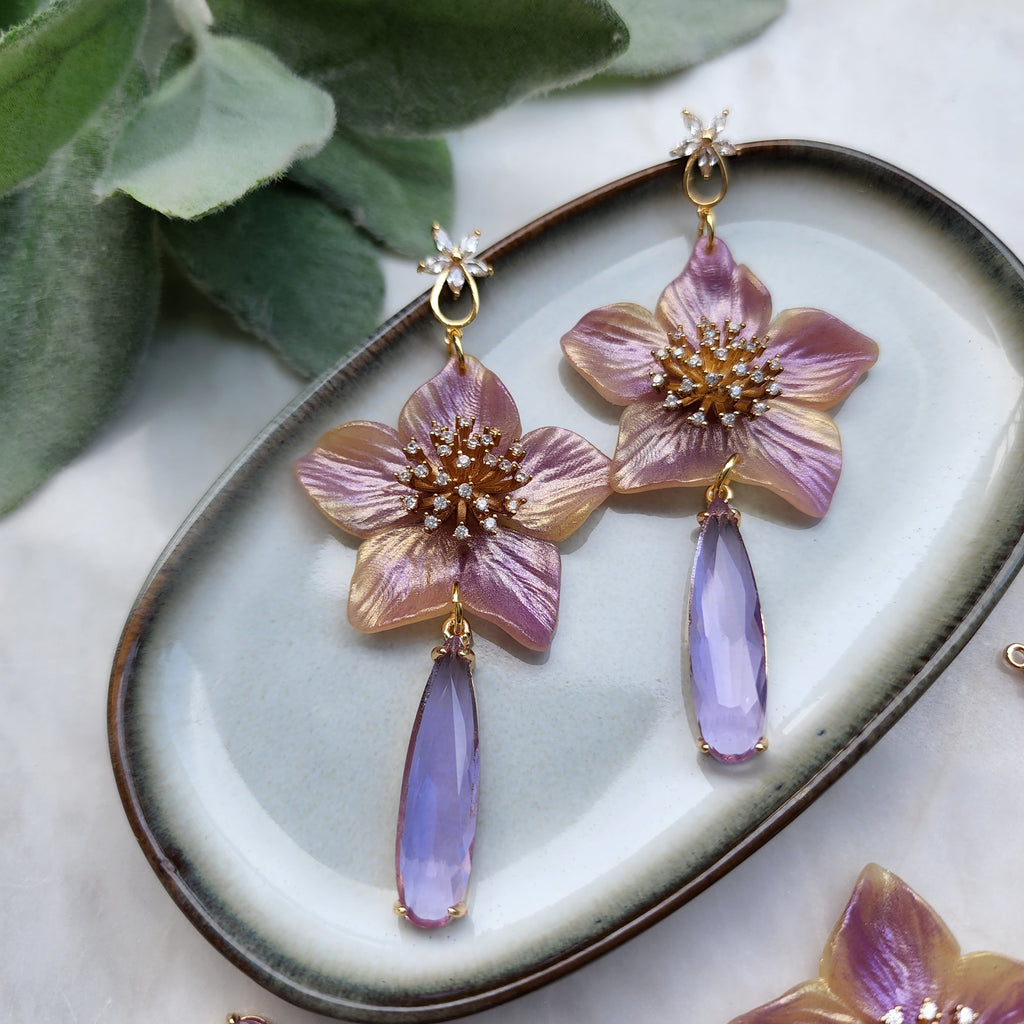Polymer clay earrings / Flower earrings / Purple Ametrine earrings / Crystal earrings / Gold filled Cubic Zircon earrings / Floral earrings