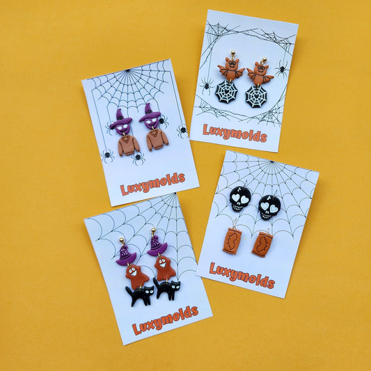 Halloween Polymer clay earrings / Cat Witch hat Ghost earrings / Stud Halloween earrings / Spider net earrings / Bat earrings / Clay jewelry