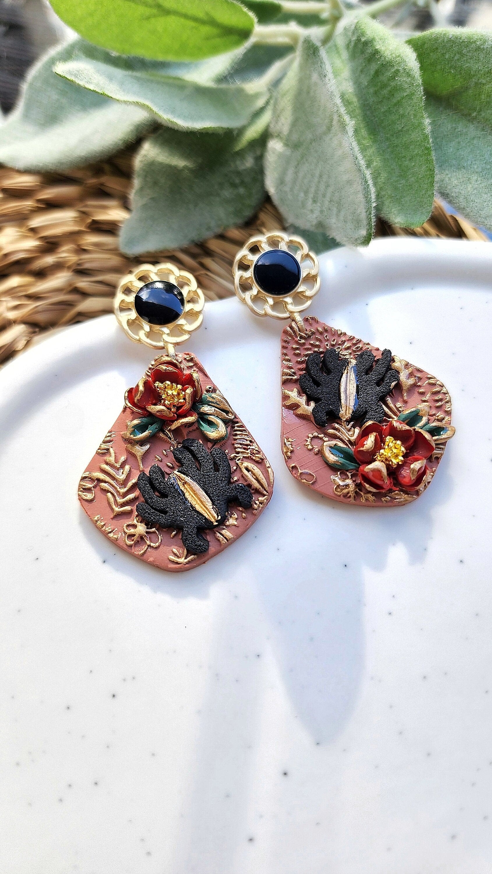 Polymer clay earrings / Floral earrings / Dangle earrings / Flower Spider earrings /Fall earrings/Dangle drop earrings/Texture clay earrings