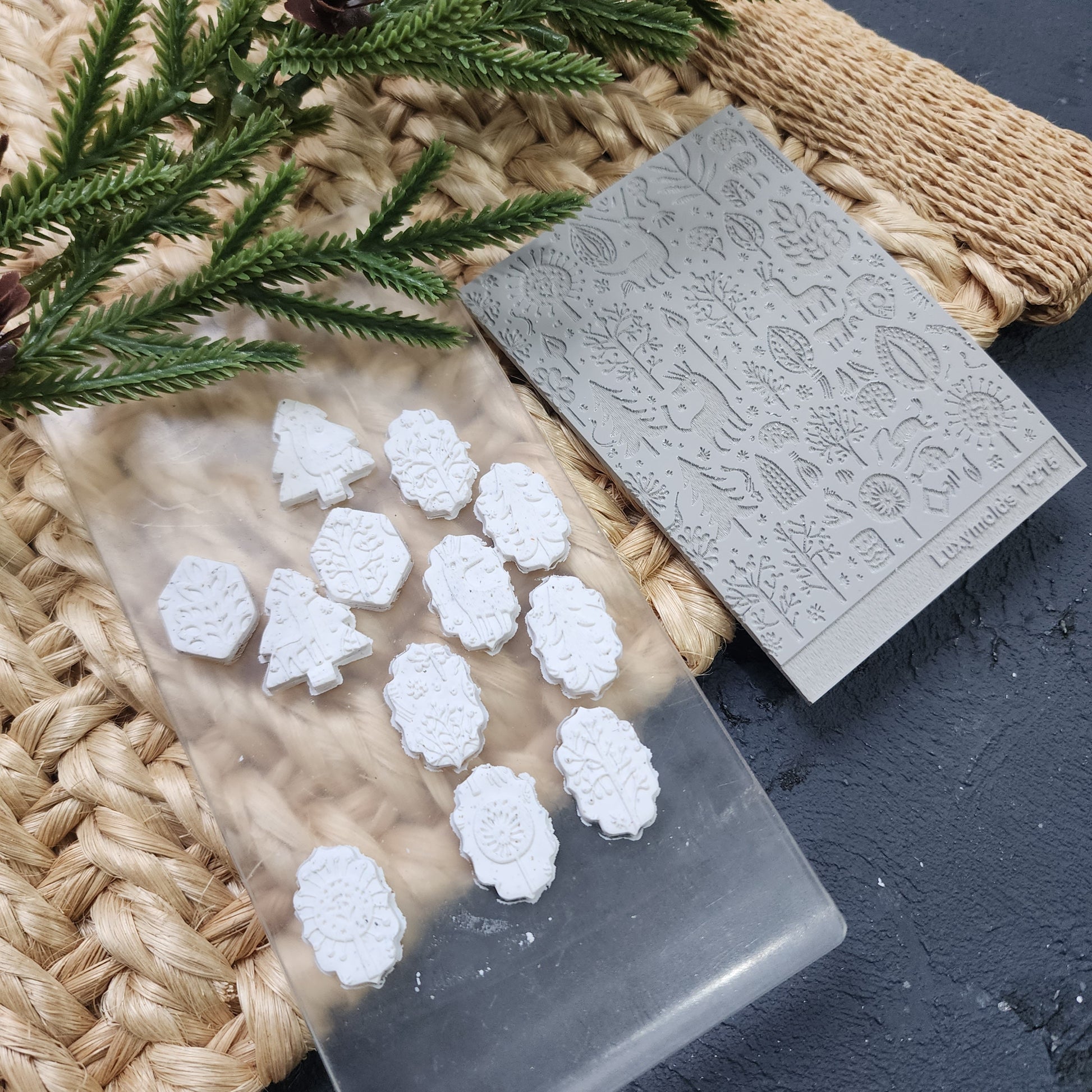 Polymer clay Texture tile Texture mat Clay stamp Polymer clay texture stencils "Winter holiday Forest Animals Christmas" T-315