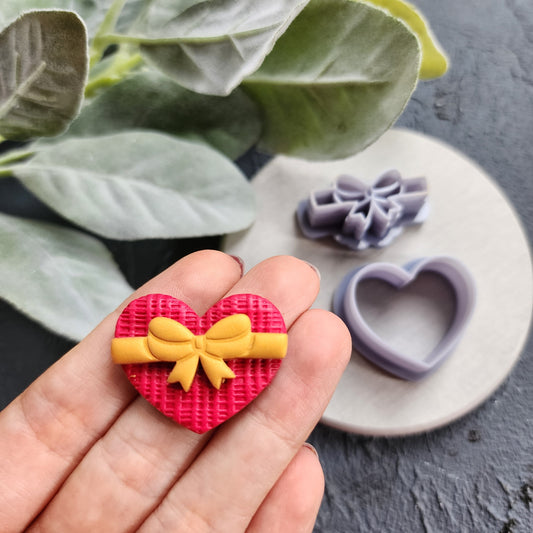 Valentine's day Polymer clay cutter "Gift bow heart" Sharp cutters Clay supplies Clay texture Clay tools Polymer clay mold Earrings mold